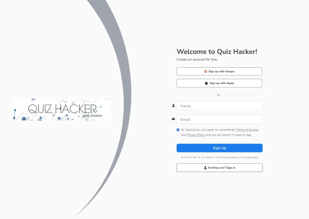 Quiz Hacker Test Prep Sign-up screen